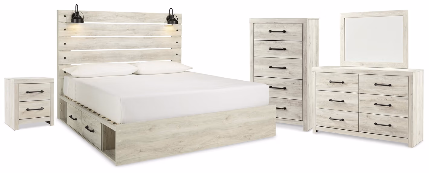 Cambeck King Panel Storage Bed, Dresser, Mirror, Chest and Nightstand