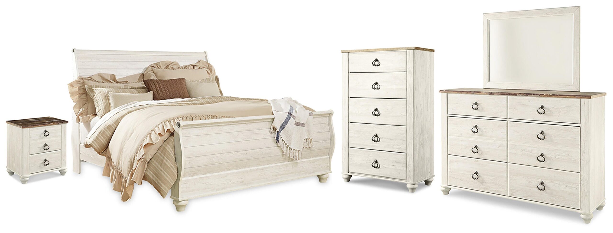 Willowton King Sleigh Bed, Dresser, Mirror, Chest and Nightstand