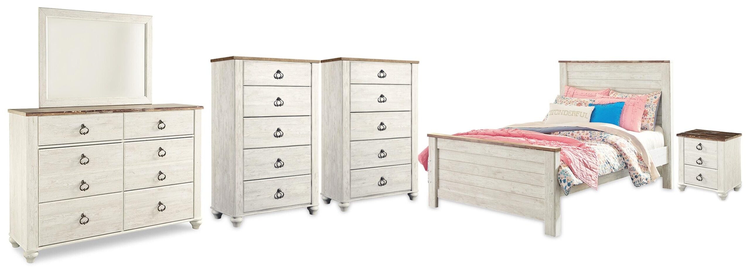 Willowton Full Panel Bed, Dresser, Mirror, 2 Chests and nightstand