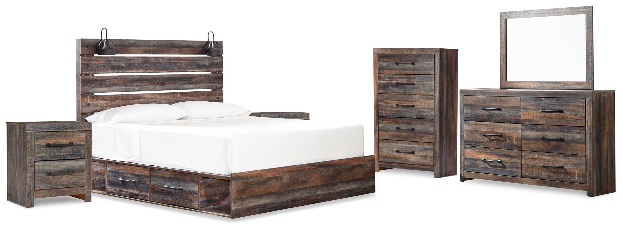 9a5b6974db15724005ddbe27d802694a Drystan King Panel Bed with Storage, Dresser, Mirror, Chest and 2 Nightstands - Image 1