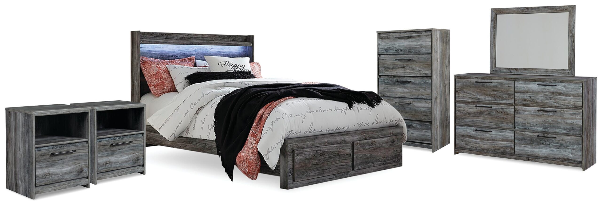 Baystorm Queen Panel Storage Bed, Dresser, Mirror, Chest and 2 Nightstands