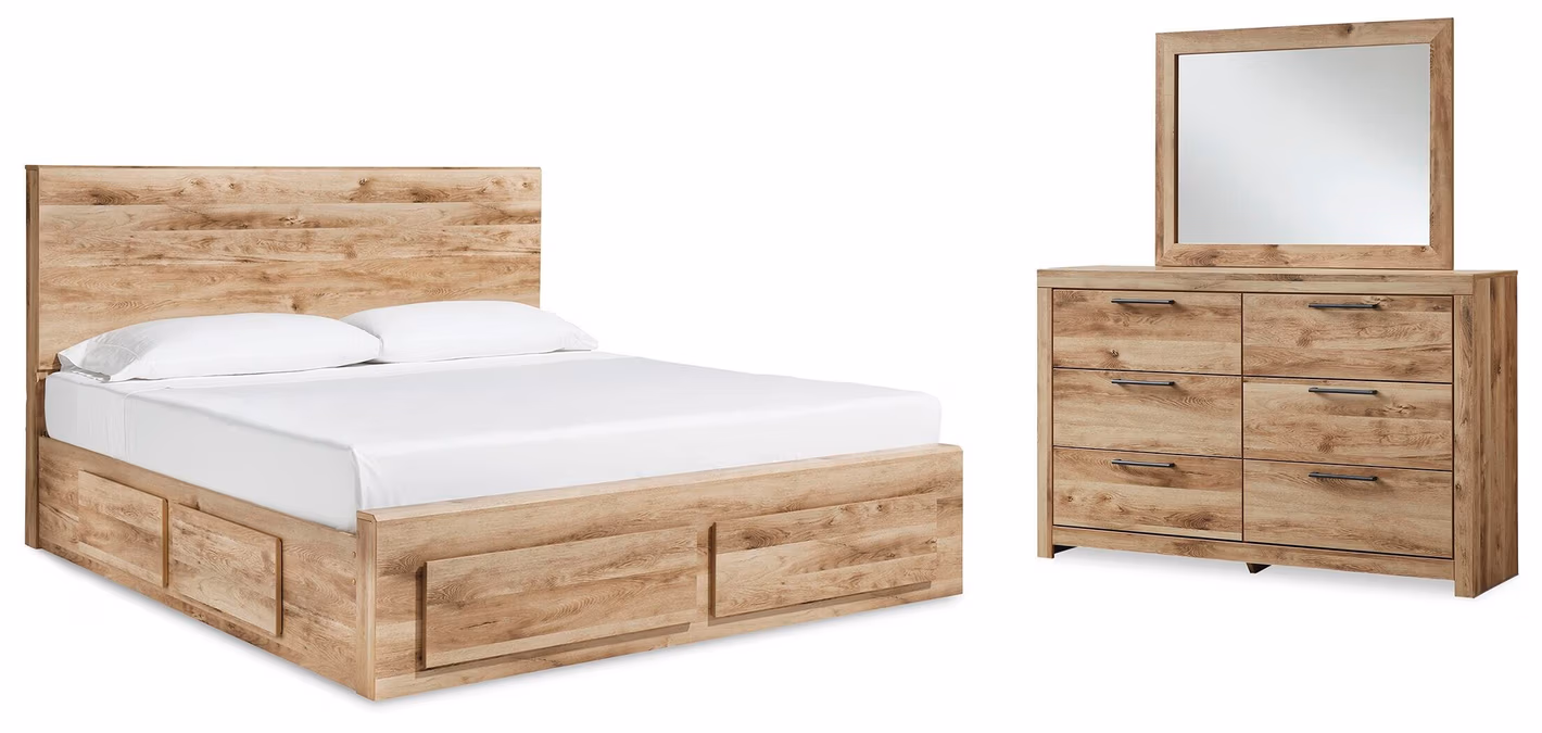 Hyanna King Panel Storage Bed with 1 Side Storage, Dresser and Mirror