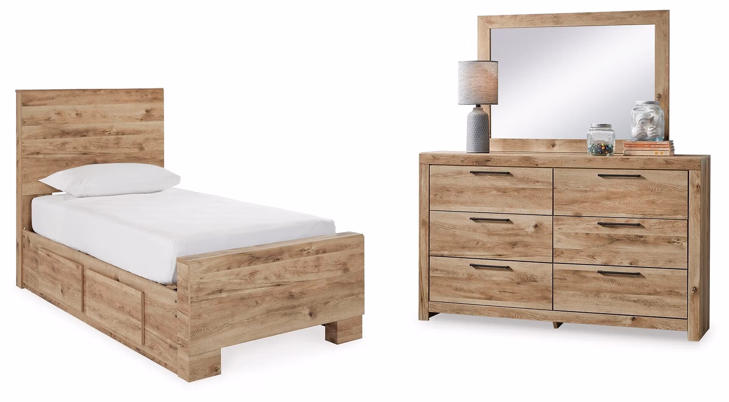 d04e27ae5aafcdc7190b5f858161c152 Hyanna Twin Panel Bed with 1 Side Storage, Dresser and Mirror - Image 1