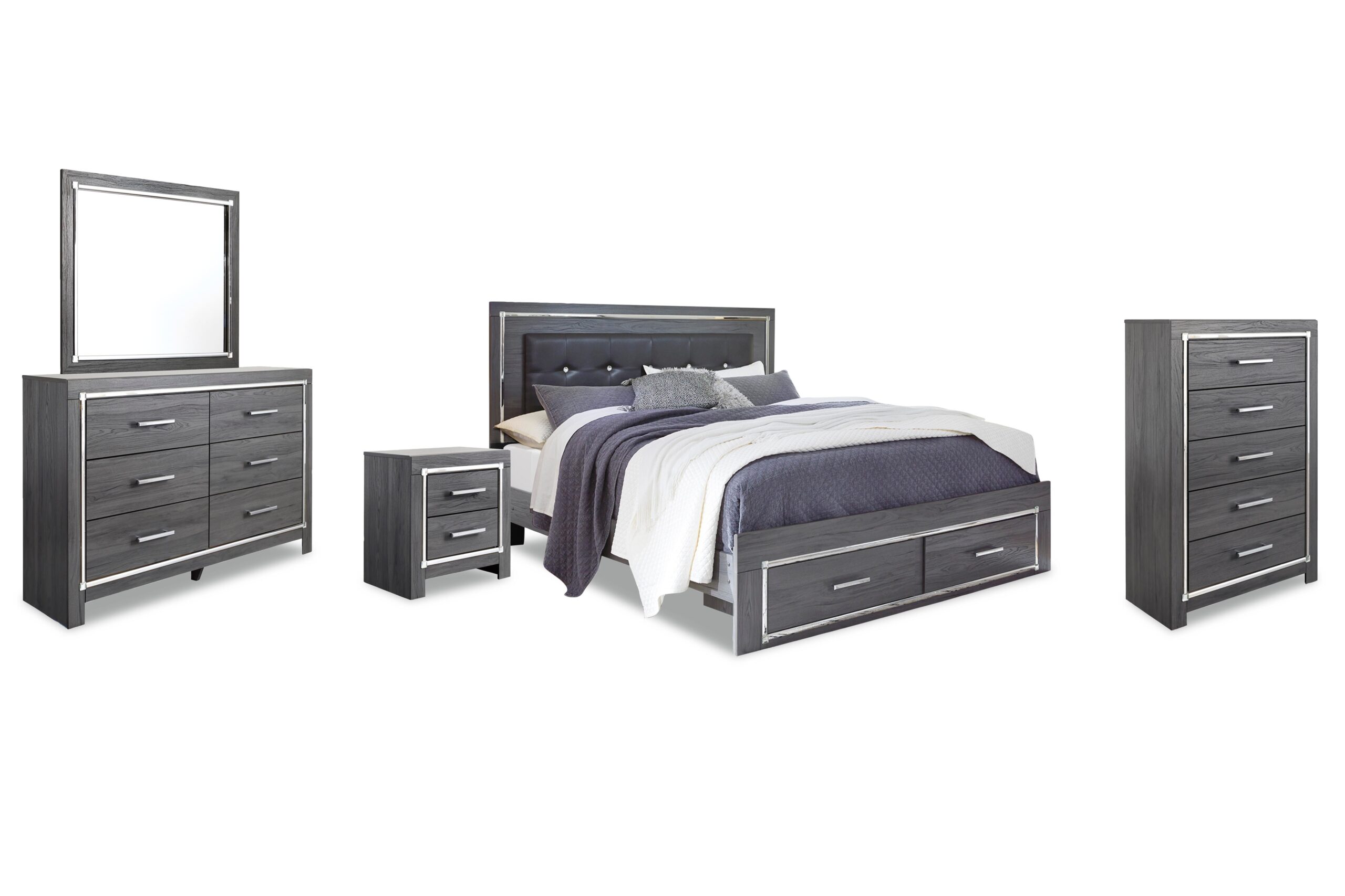 Lodanna King Upholstered Storage Bed, Dresser, Mirror, Chest, and Nightstand