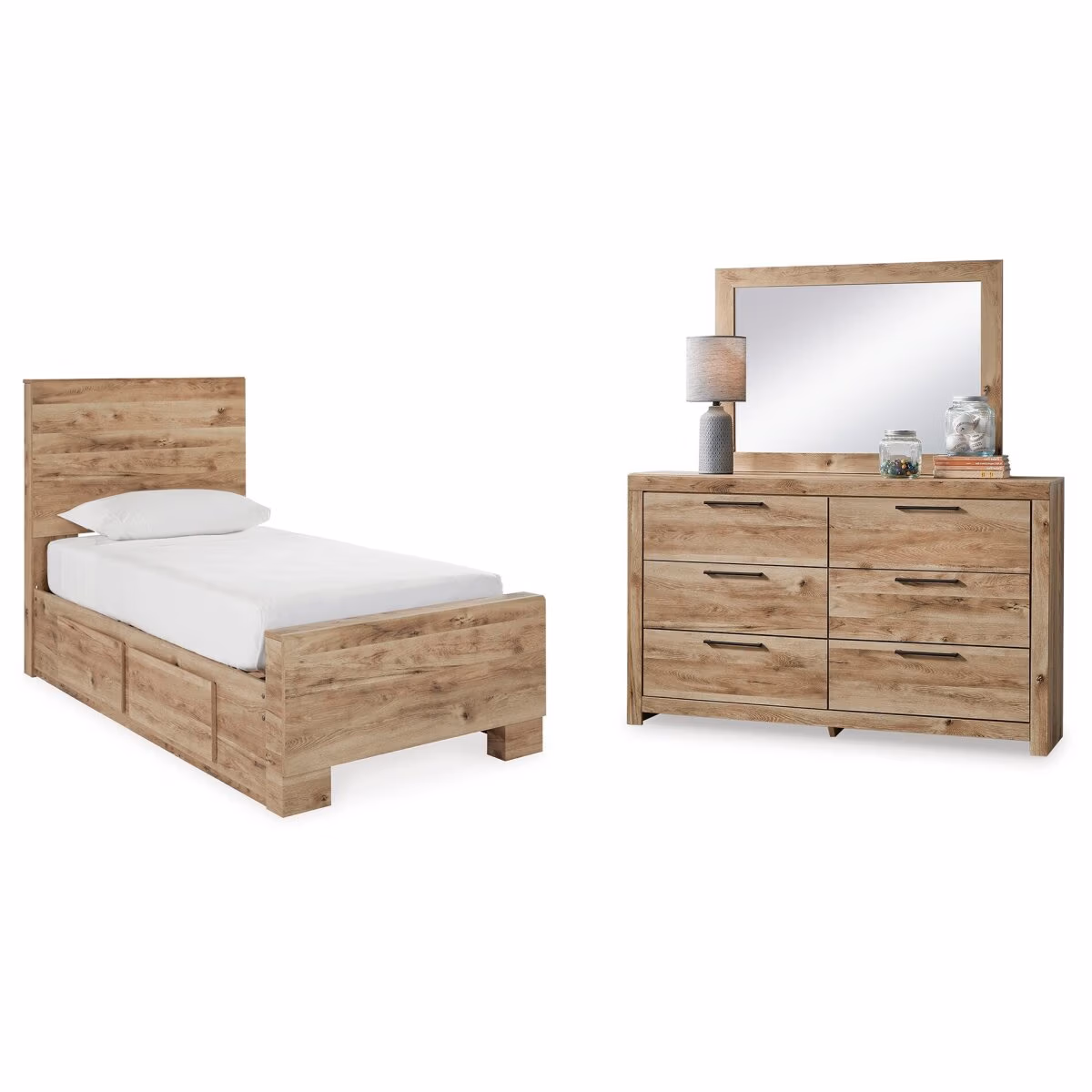 Hyanna Twin Panel Bed with 2 Side Storage, Dresser and Mirror - Image 2
